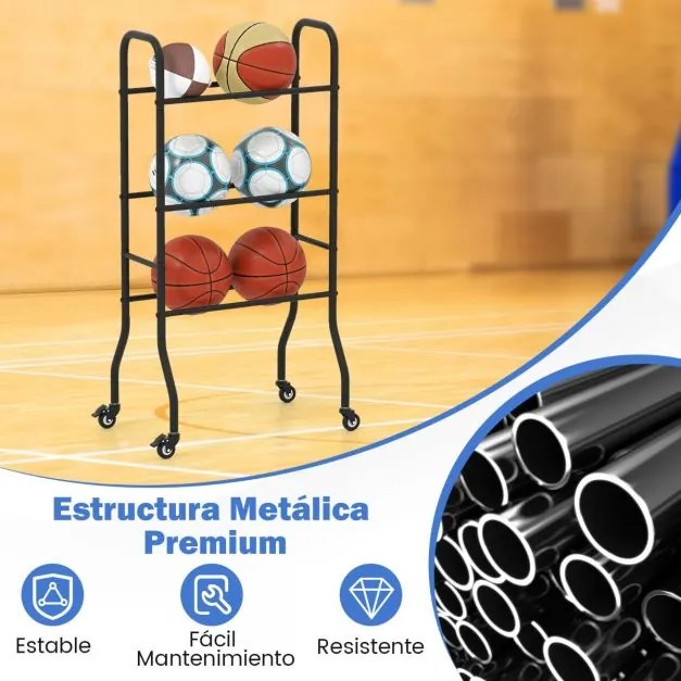 Estante para bolas de basquetebol de 3 níveis 52 x 37 x 110 cm com 4 rodas universais Estrutura preta
