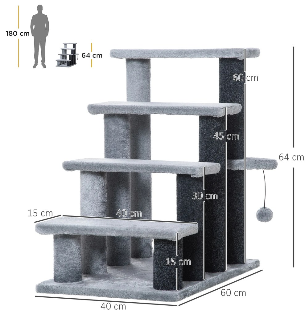 Escada para Animais de Estimação Escada para Gatos de 4 Degraus com Poste de Arranhar Bola 45x40x68 cm Cinza