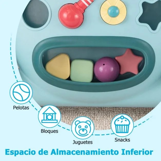 Andador Montessori bebés com Reprodutor Oval Removível Classificador de Formas Maracas Pássaro Deslizante e 2 Giradores Azul