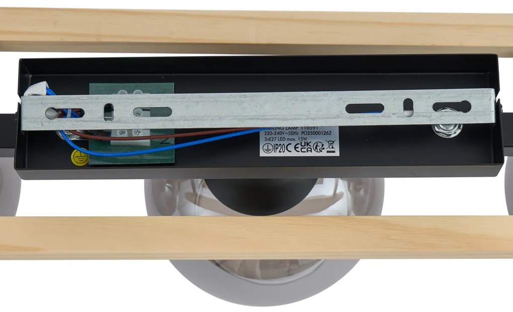 Plafon moderno preto com madeira e vidro fumado 3-luzes - Aleks