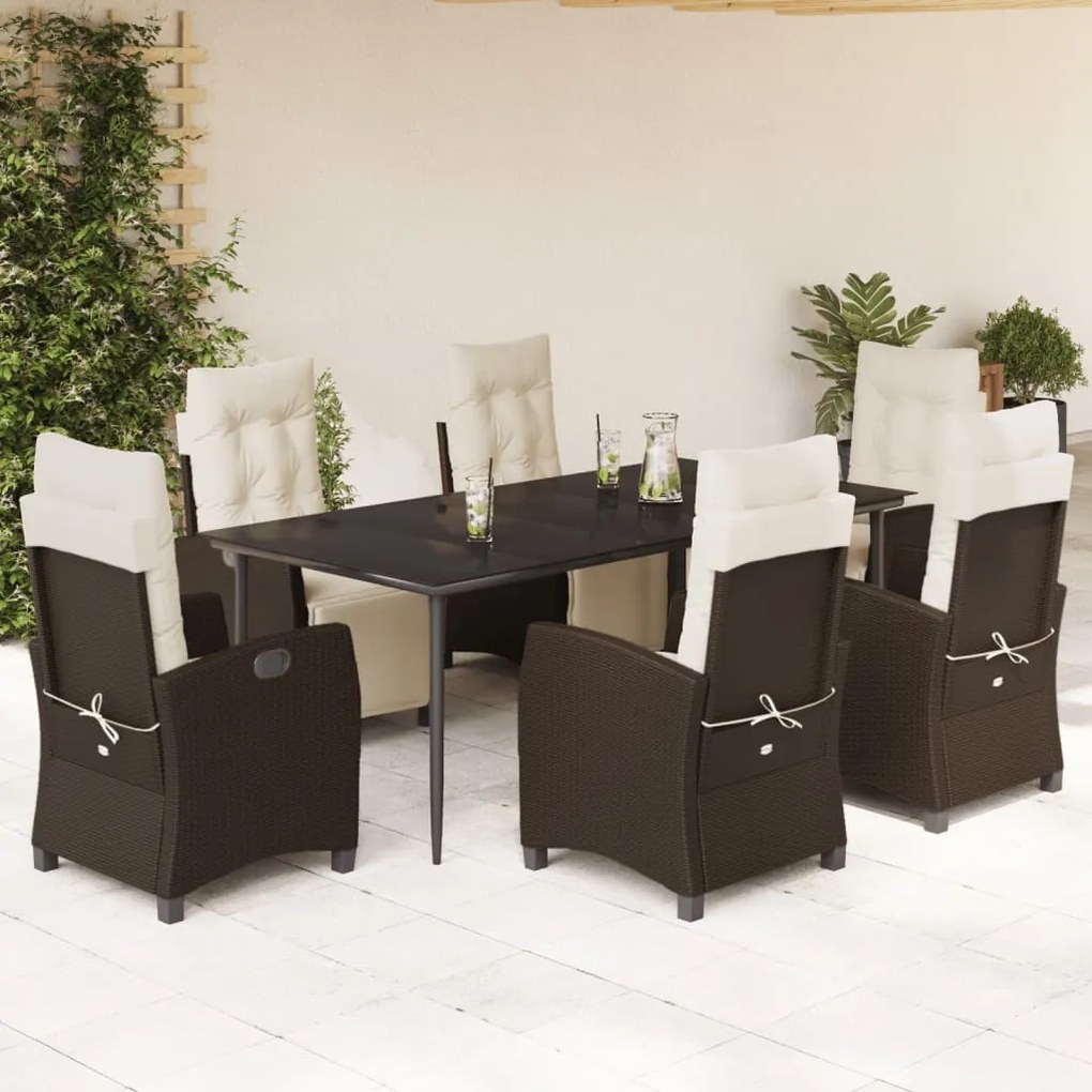 vidaXL 7 pcs conjunto jantar p/ jardim c/ almofadões vime PE castanho