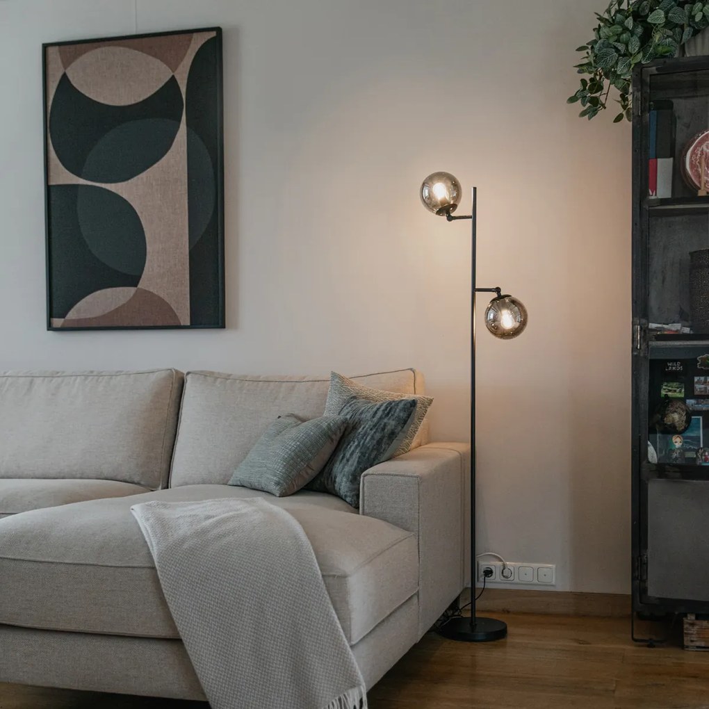 Candeeiro de pé Art Déco preto com vidro fumê 2-luzes - Pallon