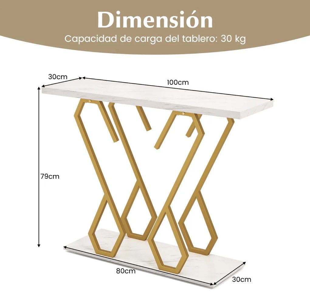 Mesa Consola de entrada em mármore artificial Mesa de consola moderna com tampo em mármore e estrutura metálica para sofá 100 x 30 x 79 cm Branco