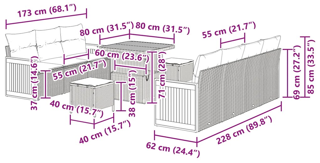 Conjunto de Sofás de Jardim de 10 Peças com Almofadas Cinza em Rattan