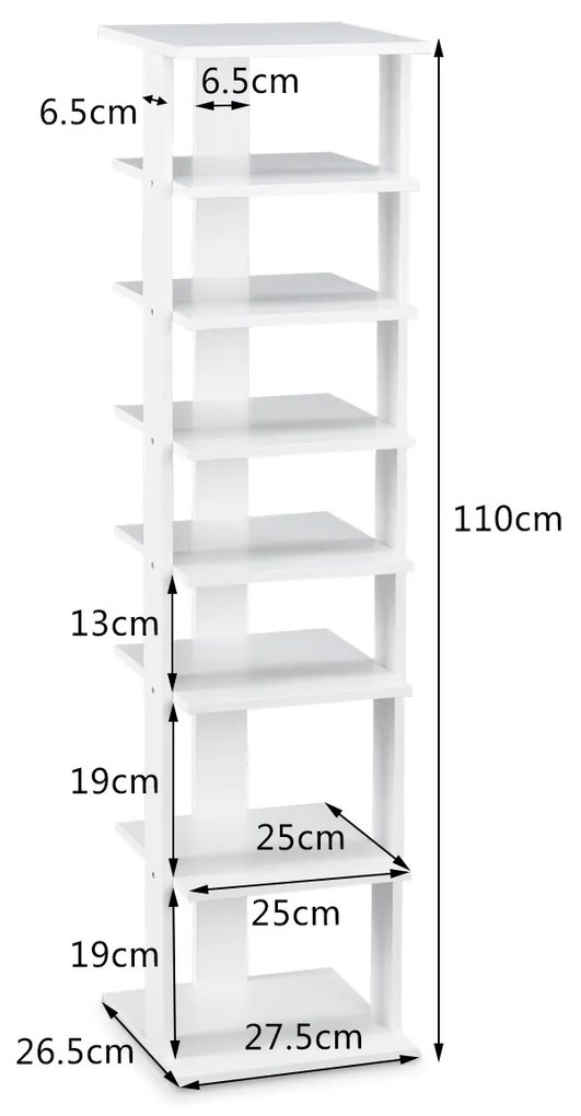 Estante sapateira com 7 compartimentos Organizador de sapatos Livros CD  27,5 x 26,5 x 110 cm Branco