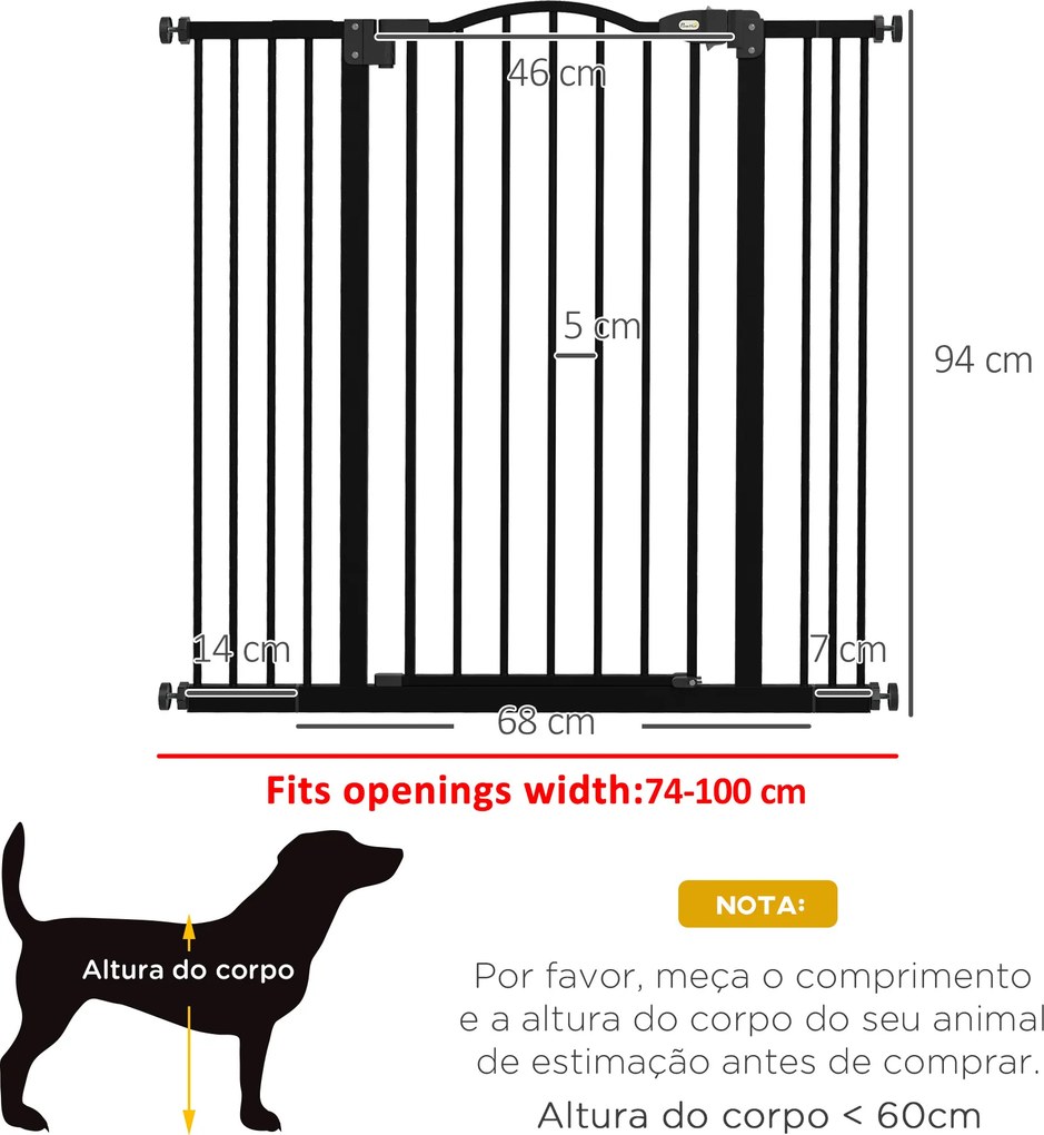 Barreira de Segurança para Cães com Largura Ajustável 74-100 cm e Extensões para Escadas e Portas Preto