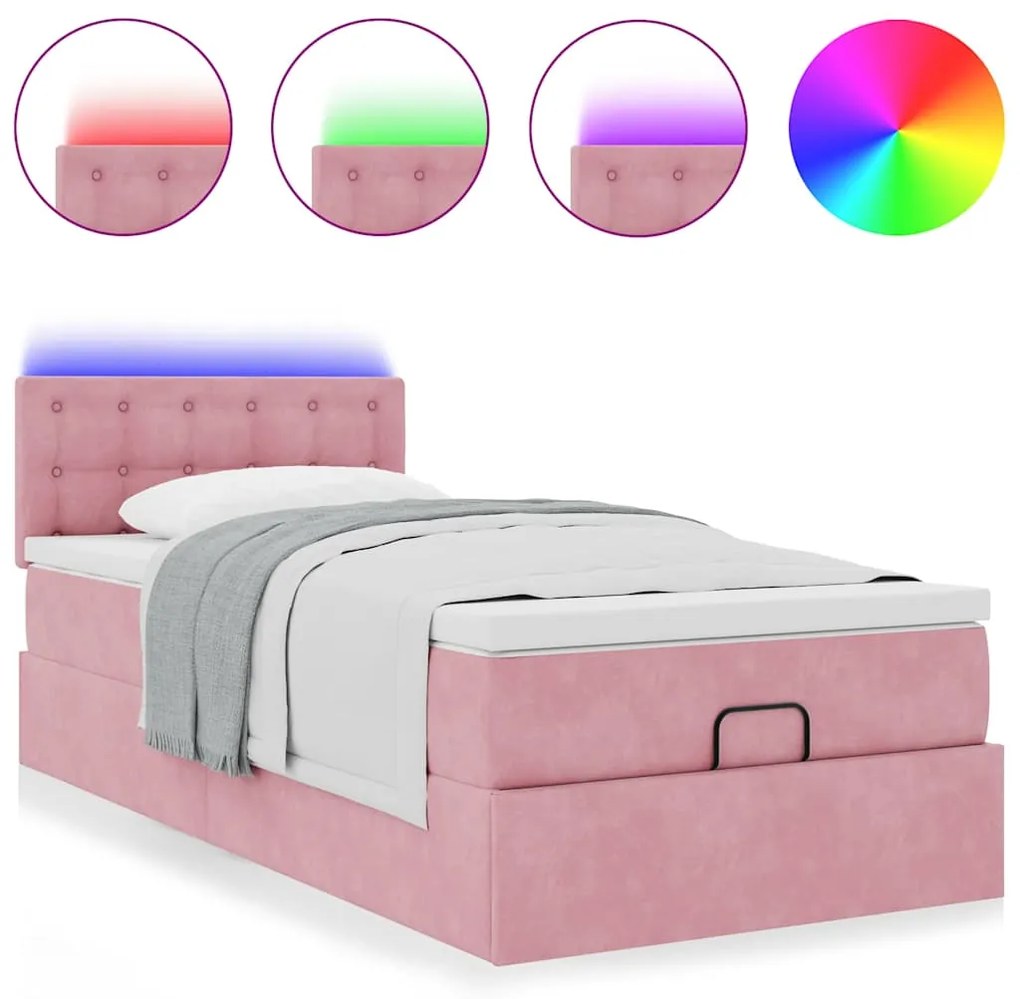 Estrutura de cama otomana com colchão rosa 90x200cm veludo
