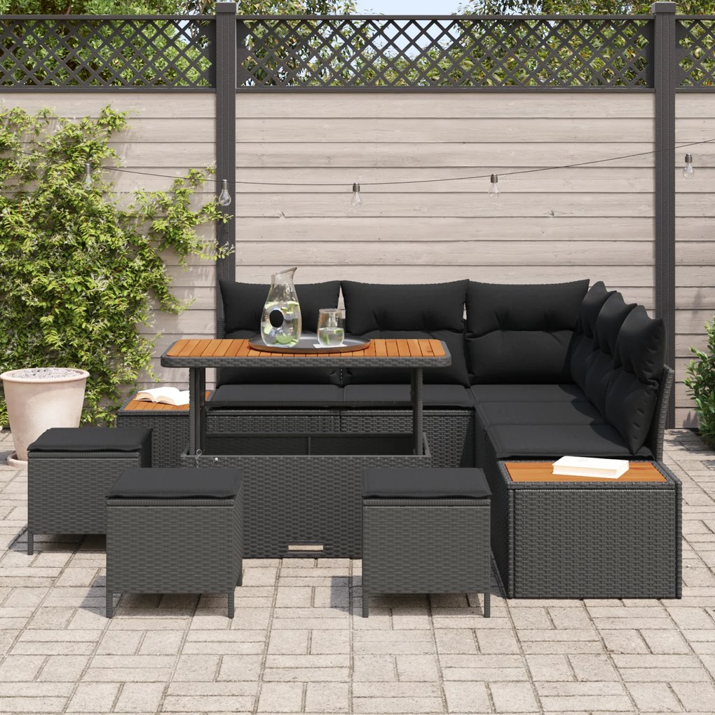 Conjunto de Sofá de Jardim de 9 Peças com Almofadas Rattan Preto Acáci