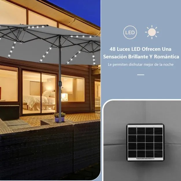 Guarda-sol Jardim dupla face de 470 cm com 48 luzes LED Painel solar de carregamento automático Sistema de manivela Cinzento