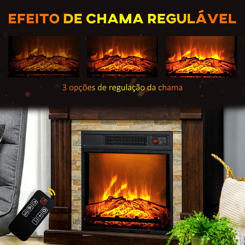 HOMCOM Lareira Elétrica 1800W Lareira com Efeito de Chama Realista Controlo Remoto Temporizador e Proteção Contra Superaquecimento para Ambientes de 30 m² 80x21,6x67,8 cm Marrom