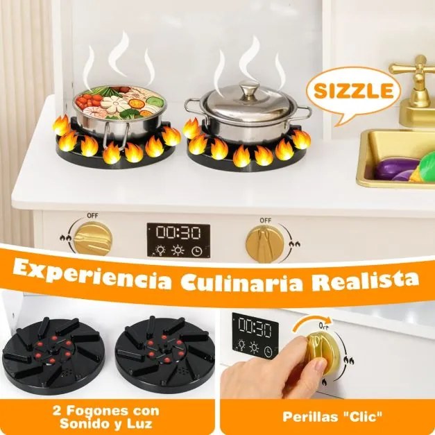 Cozinha Brincar para crianças em madeira com fogão com luz e som Cafeteira Torneira e utensílios de cozinha Branco