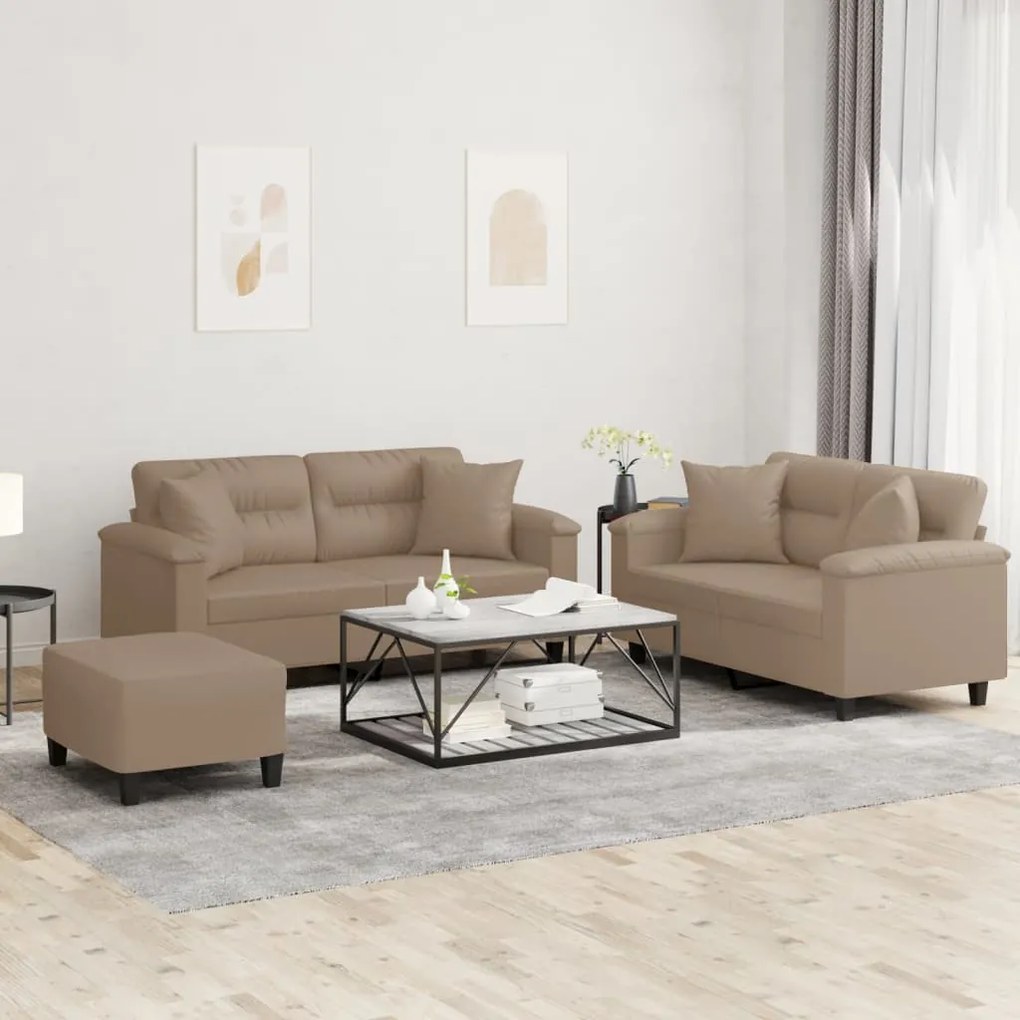vidaXL 3 pcs conjunto sofás c/ almofadas couro artificial cappuccino