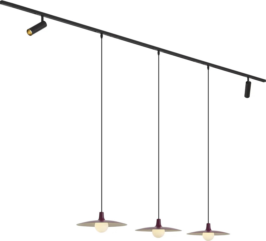 Sistema de iluminação de trilho moderno preto com 2 focos e 3 candeeiros suspensos roxos monofásicos - Slimline Uzzy Panzi