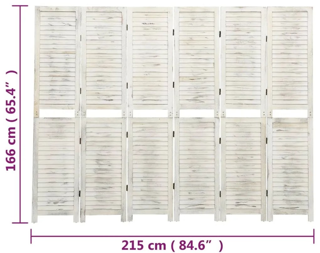 Biombo com 6 painéis 215x166 cm madeira branco antigo