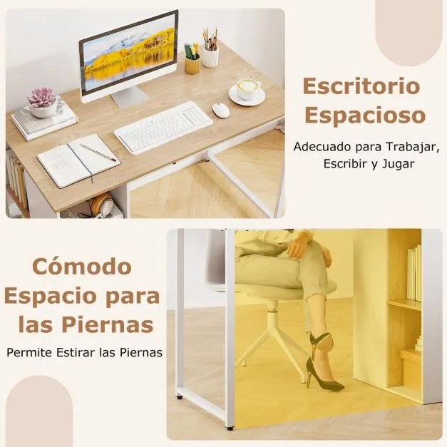 Secretária para computador moderna para escritório em casa 115 x 59 x 75 cm com 5 compartimentos de armazenamento Natural