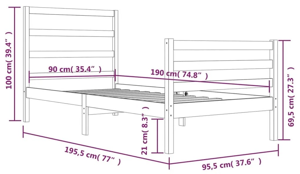 Estrutura de cama solteiro 90x190 cm pinho maciço