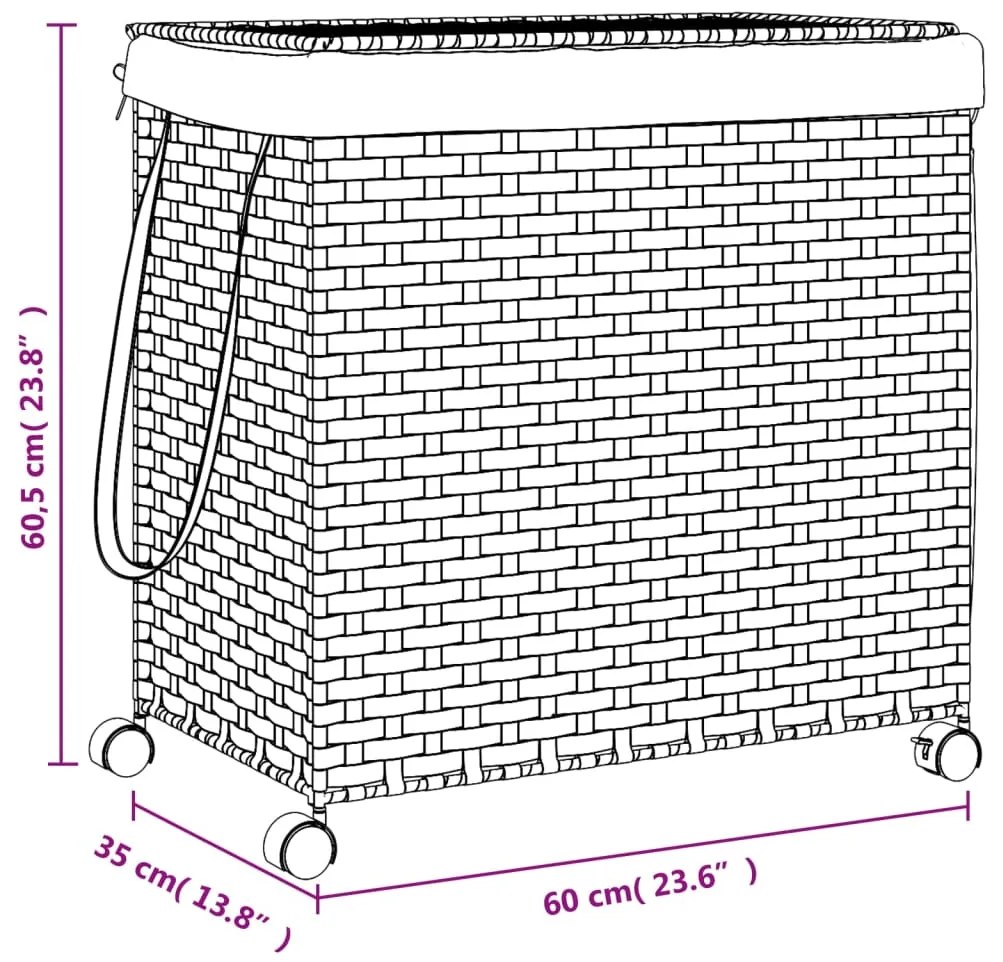 Cesto para roupa suja com rodas 60x35x60,5 cm vime cinzento