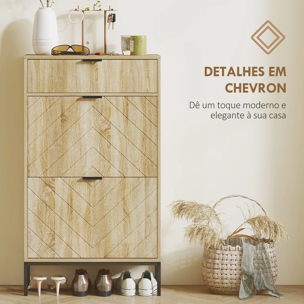 Sapateira Estreita com 2 Portas Gaveta e Prateleiras Ajustáveis para 8 Pares de Sapatos 60x24x105,5 cm Madeira