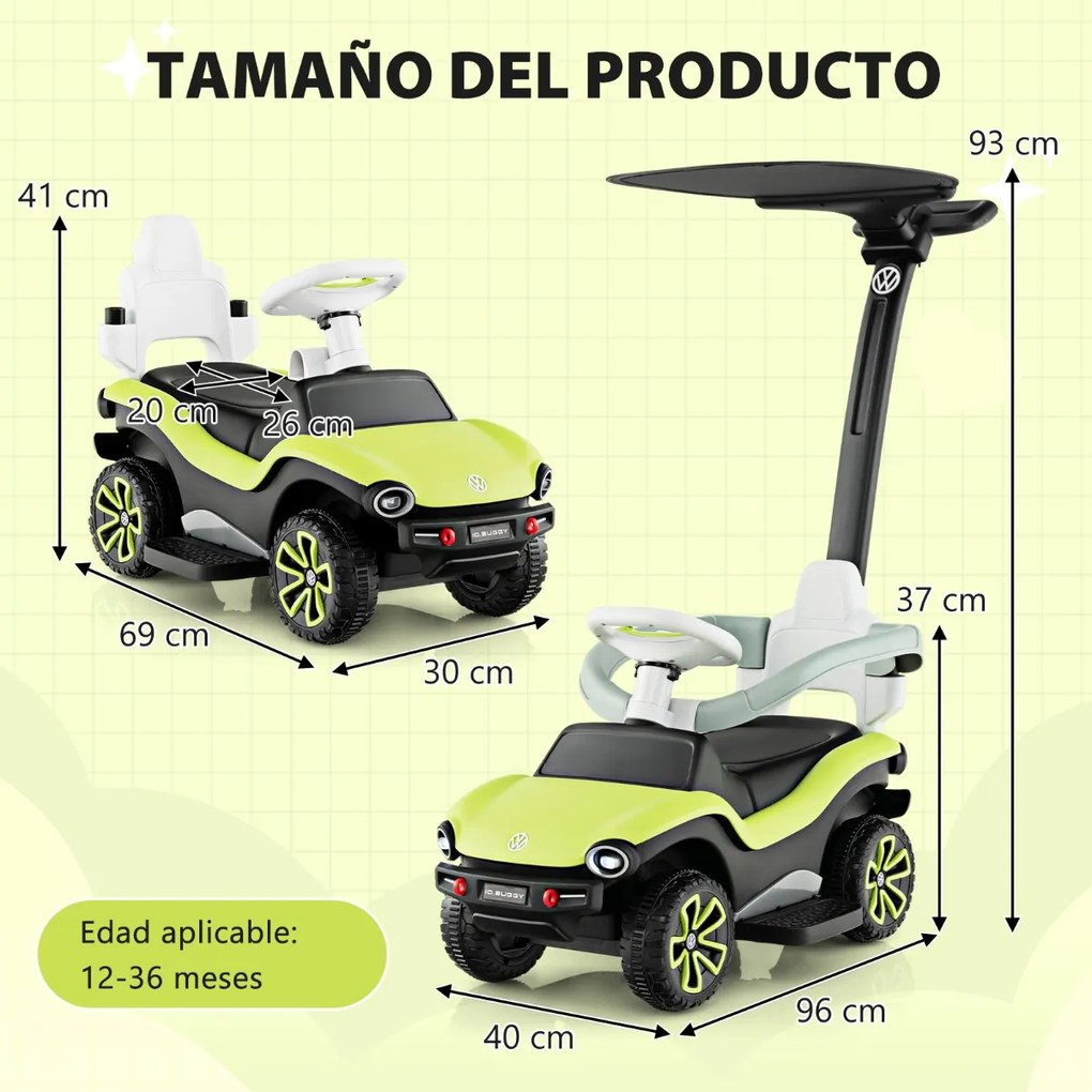 Andarilho bebés de Passeio 3 em 1 Volkswagen com 3 Posições Guiador Ajustável Toldo 96x40x93cm Verde