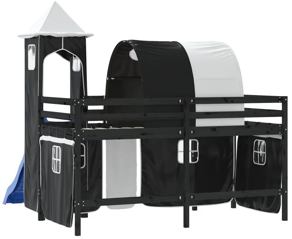 Cama alta criança c/ torre 90x190 cm pinho maciço branco/preto