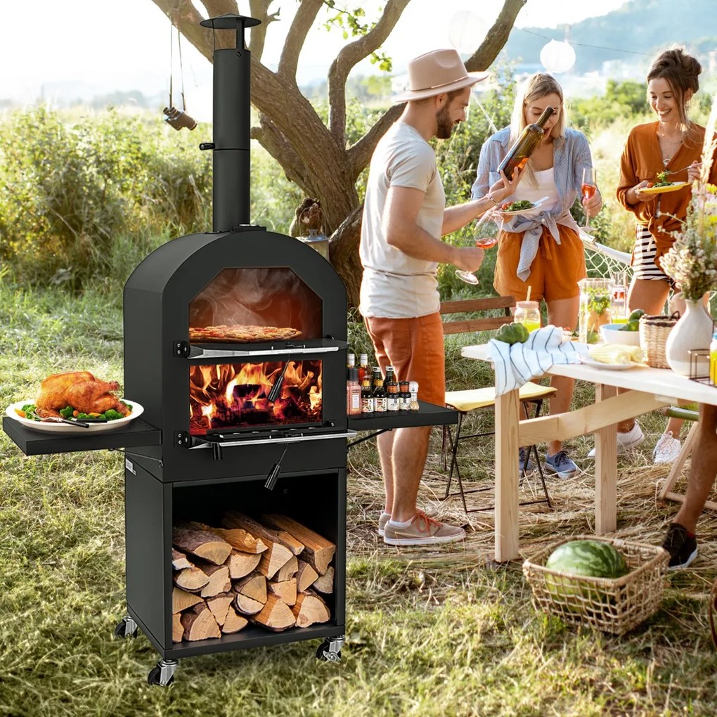 Forno para pizza para exterior com rodas Pedra para pizza Pá 2 grelhas Termómetro Prateleiras laterais para armazenamento Preto