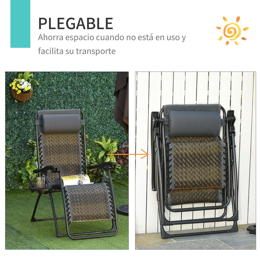 Outsunny Espreguiçadeira dobrável de vime com encosto ajustável Apoio de cabeça removível Suporte para copos e telefone Jardim Terraço 65x70x110 cm Cinza
