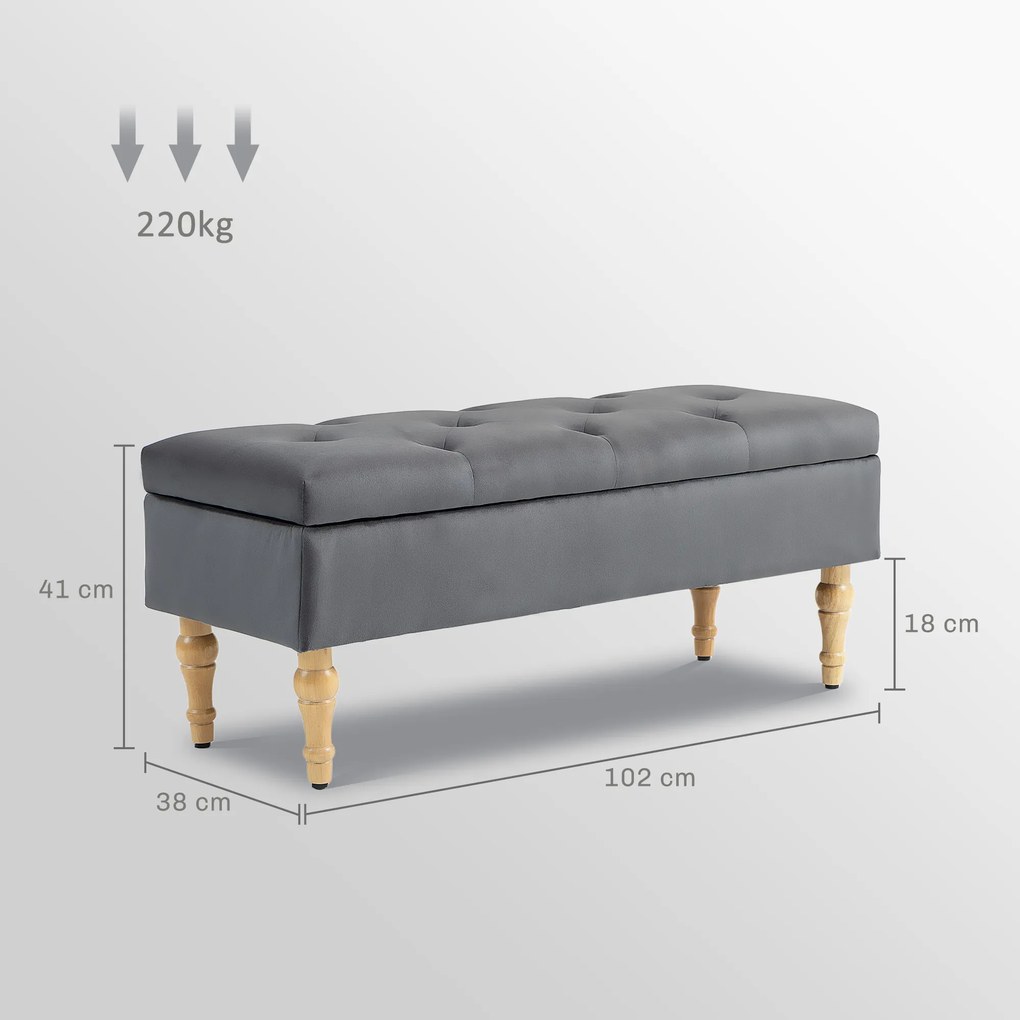 Banco com arrumação 2 em 1, em veludo 102 C x 38 P x 41 A cm com tampa articulada acolchoada e pés em madeira, cinzento