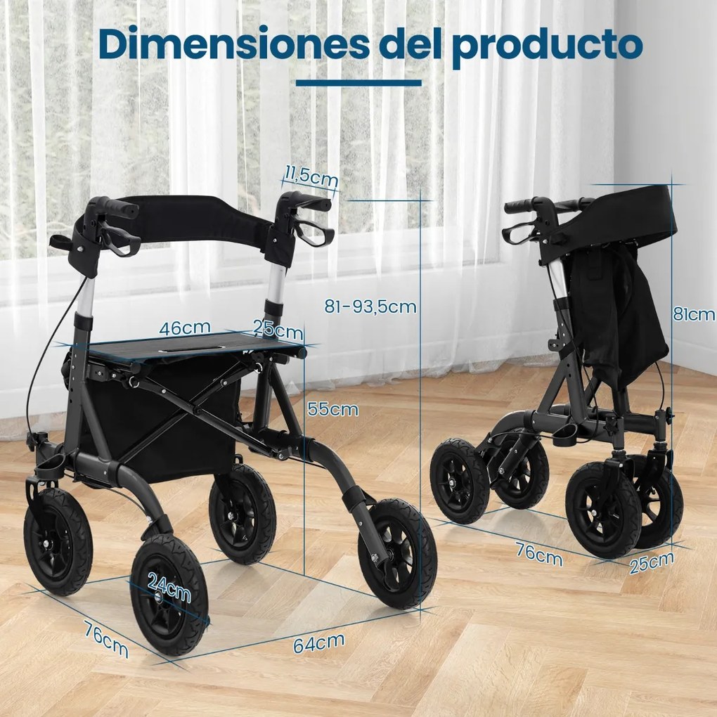 Andarilho dobrável para adultos idosos com assento 24 cm Rodas pneumáticas todo-o-terreno Saco de arrumação Carga 160 kg Preto