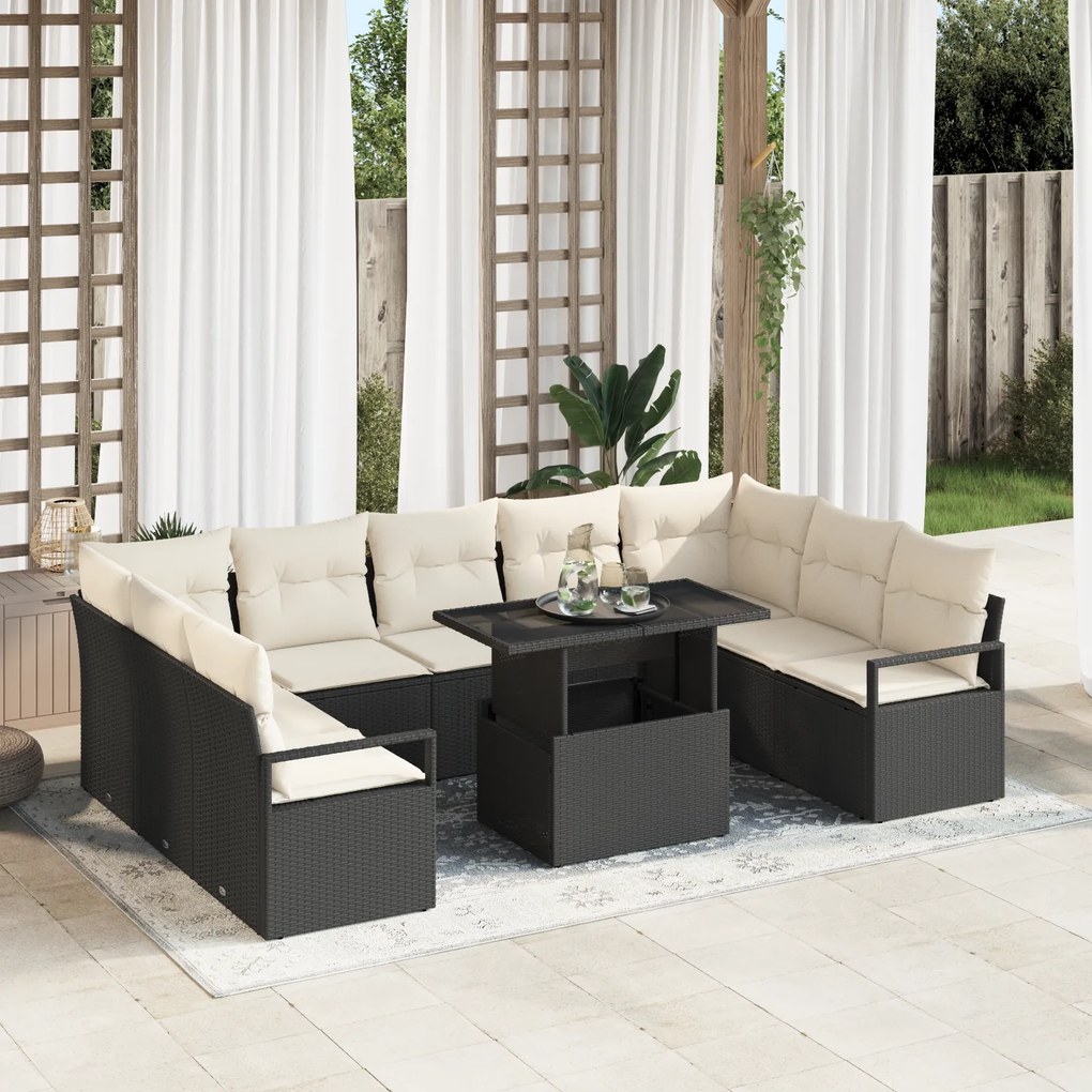 Conjunto de Sofá de Jardim vidaXL 10 Peças com Almofadas Vime Polyrattan Preto
