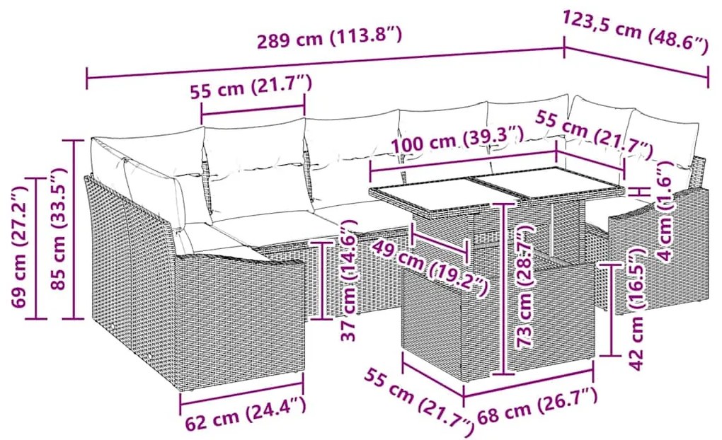 Conjunto de Sofá de Jardim de 8 Peças com Almofadas Marrons em Rattan