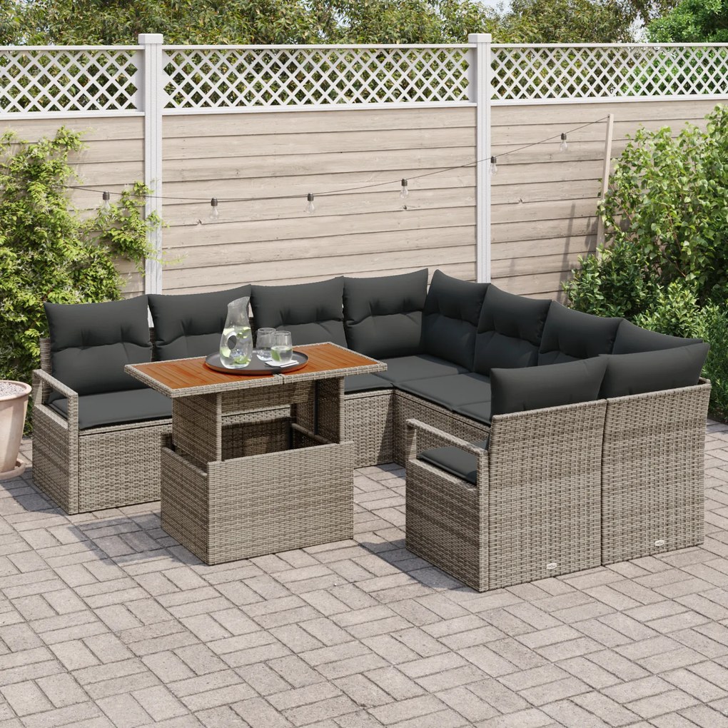 Conjunto de Sofás de Jardim vidaXL de 9 Peças com Almofadas Cinza de P