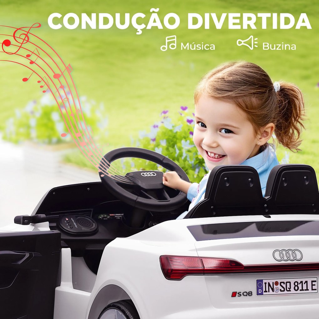 Carro Elétrico para Crianças Audi Q8 Etron Sportback Infantil 12V Faróis Buzina e Música 98x49,5x43 cm Branco