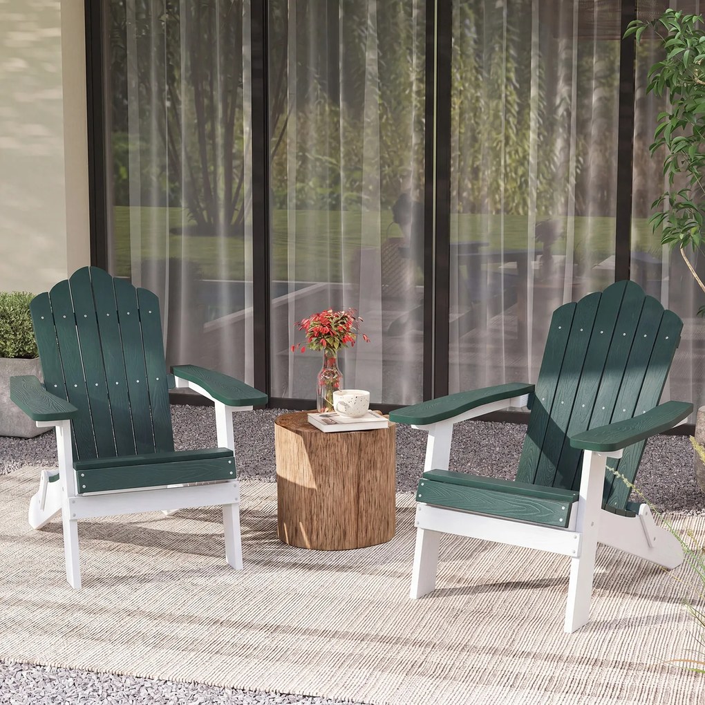 Conjunto de 2 Cadeiras Adirondack Dobráveis, 88 x 77 x 95 cm, Apoios de Braços Largos, Verde escuro