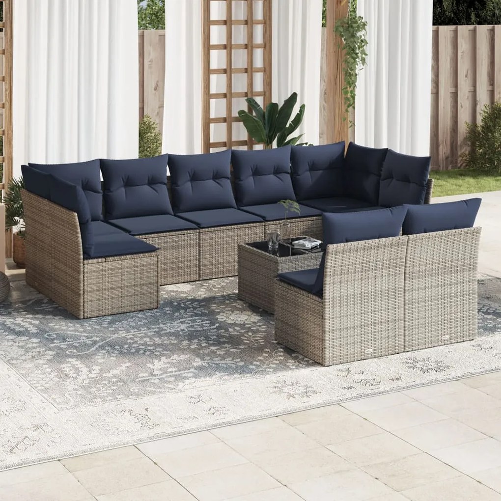 vidaXL 10 pcs conjunto sofás p/ jardim c/ almofadões vime PE cinzento