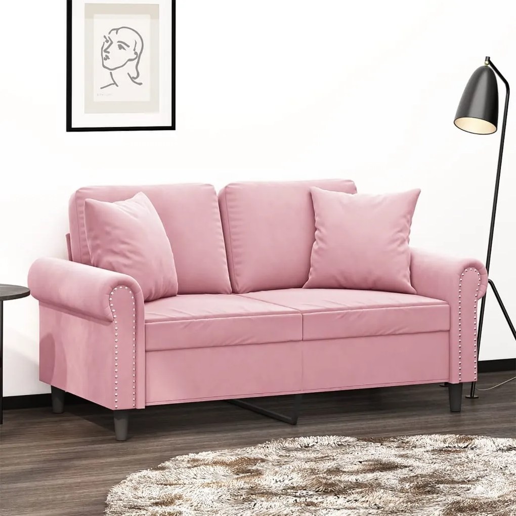 vidaXL Sofá 2 lug. c/ almofadas decorativas 120 cm veludo rosa