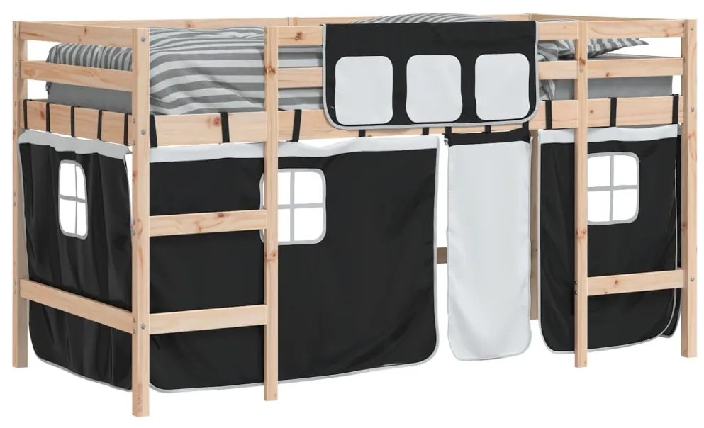 Cama alta criança c/ cortina 90x200cm pinho maciço branco/preto