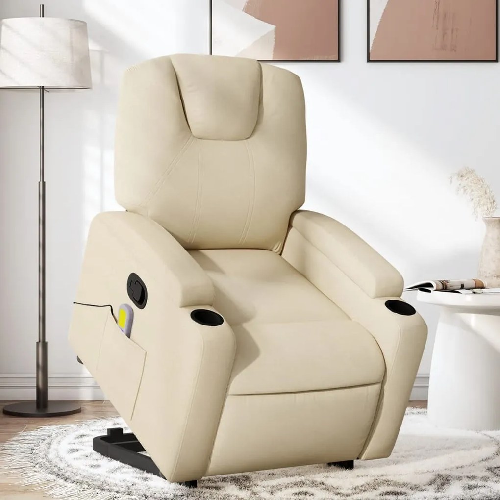 vidaXL Poltrona elevatória de massagens tecido cor creme