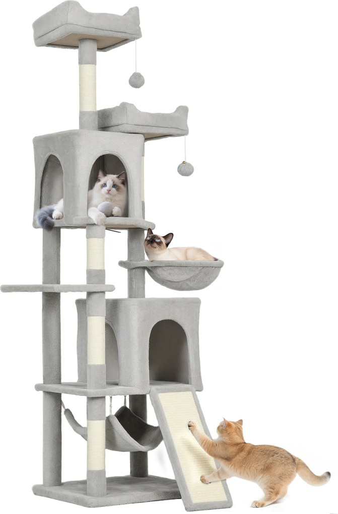 Arranhador para gatos com torre de brincadeiras: 3 plataformas, 2 compartimentos abertos, 2 camas, 2 redes e 1 escada; altura: 177 cm; cinzento claro