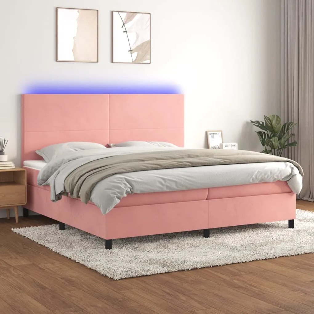 Cama box spring c/ colchão/LED 200x200 cm veludo rosa