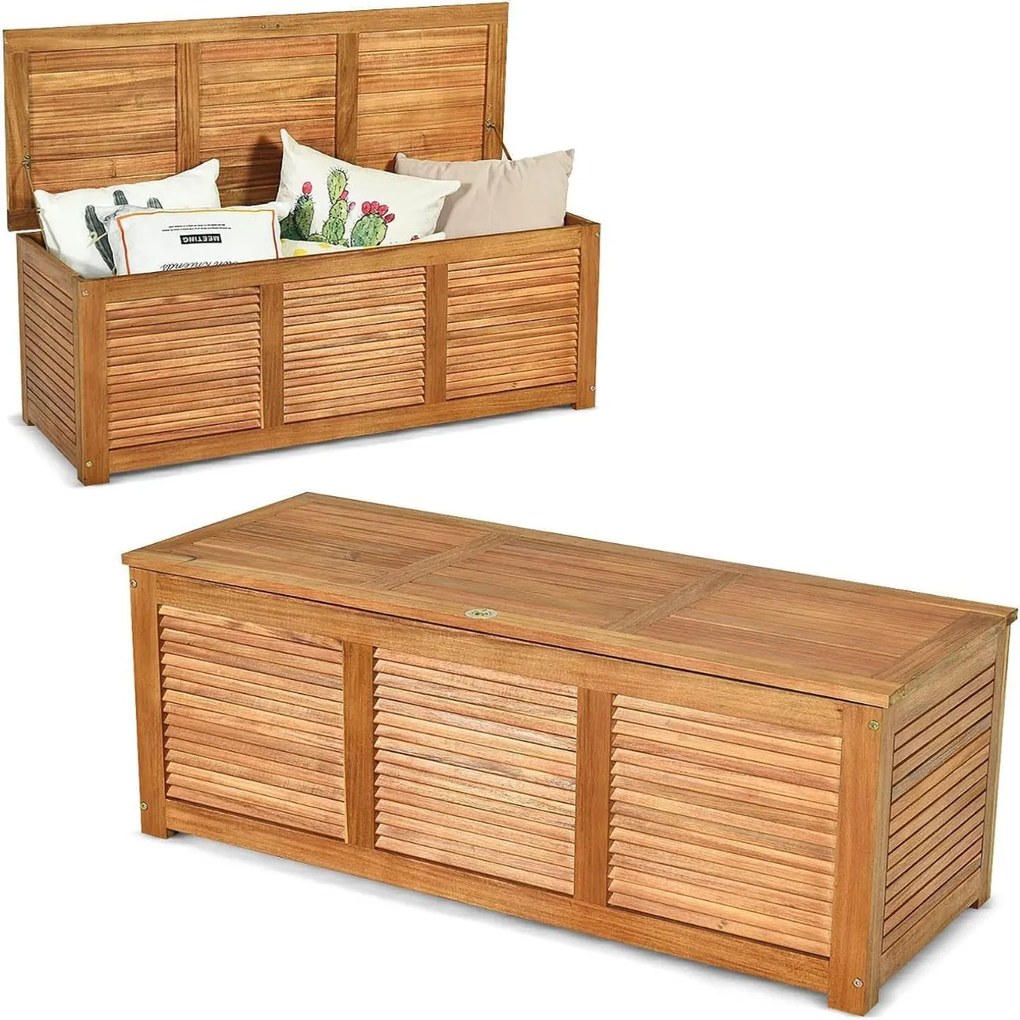 Baú de armazenamento exterior em madeira de acácia 120 x 45 x 45 cm com capacidade para 178 l, carga de 150 kg, para jardim ou pátio,, natural