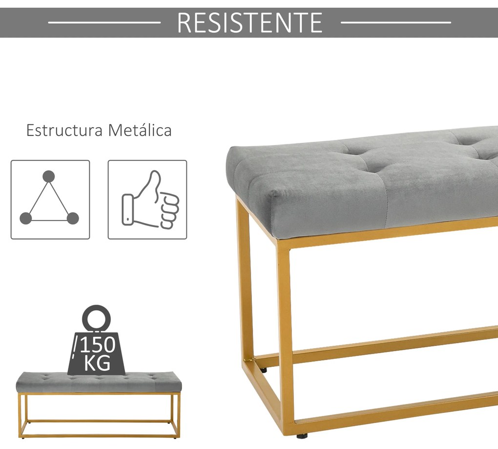HOMCOM Banco multifuncional Banco de pés com assento acolchoado e pernas metálicas 120x35x42 cm cinza e dourado