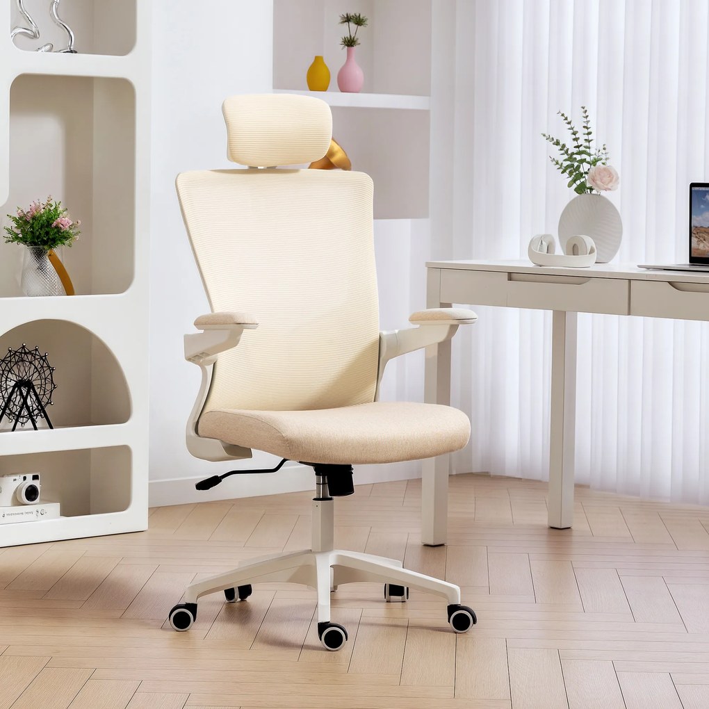 Cadeira de escritório ergonómica, cadeira de escritório, braços rebatíveis, apoio lombar, apoio para a cabeça, 60x63x120 cm, bege