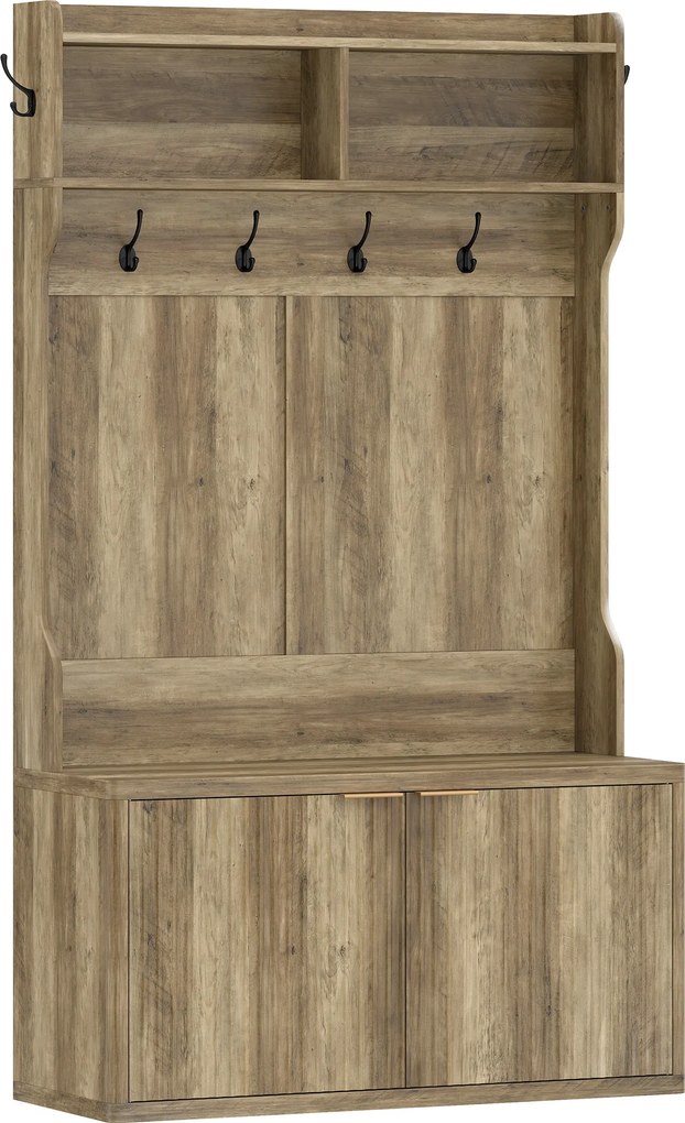 HOMCOM Móvel Cabide de Entrada com Sapateira Prateleiras Abertas e 6 Ganchos Estilo Moderno 100x38x172 cm Carvalho | Aosom Portugal