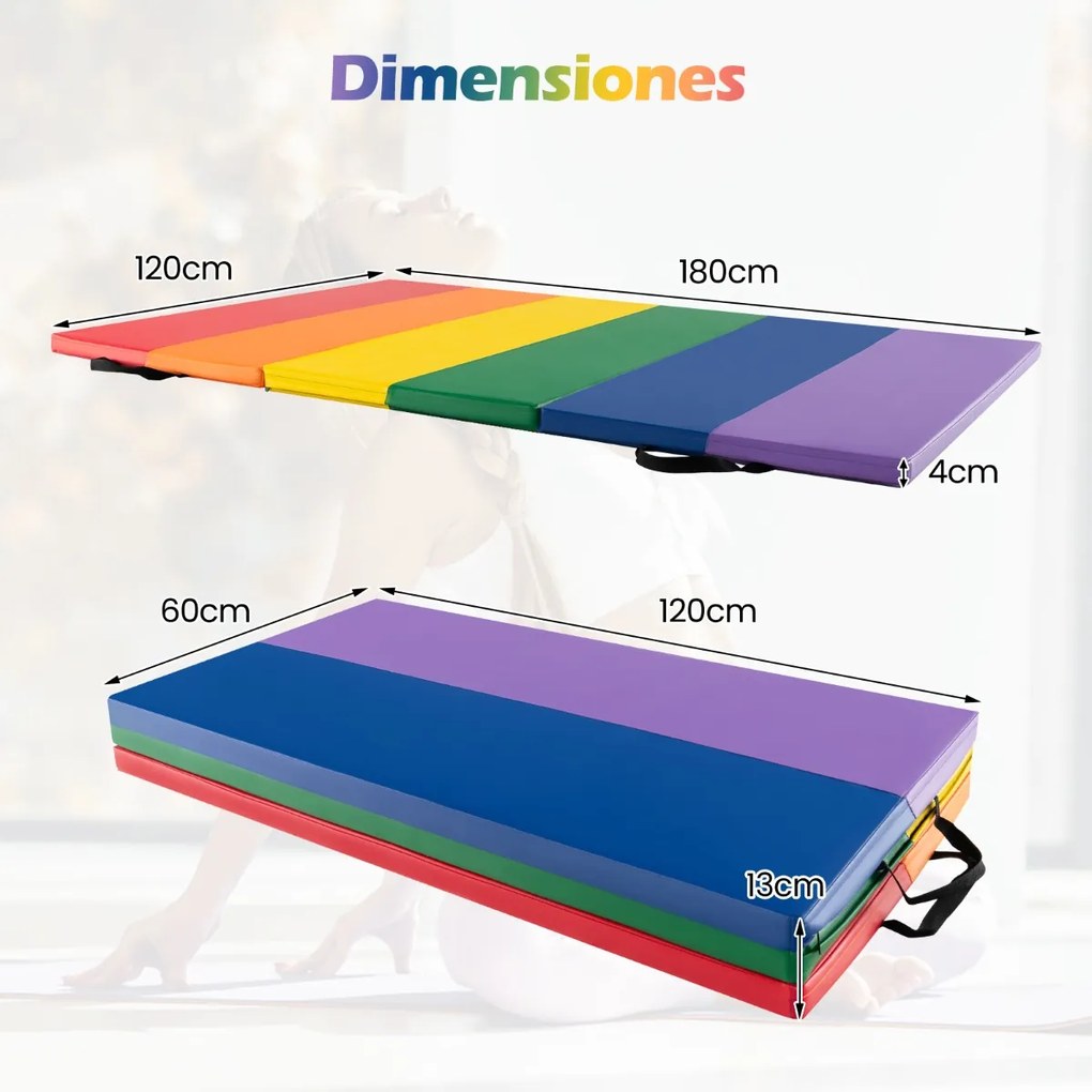 Tapete de ginástica triplo dobrável para crianças com pegas de transporte para treino de ioga aeróbico 180 x 120 x 4 cm Multicolor