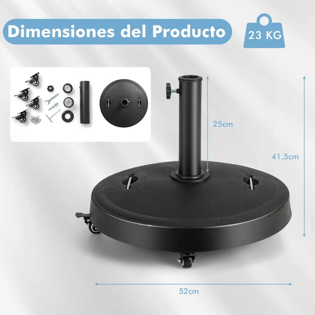 Base para guarda-sol de exterior, capacidade de carga de 23 kg com rodas, pegas, suporte de guarda-sol redondo de 52 cm para jardim e pátio