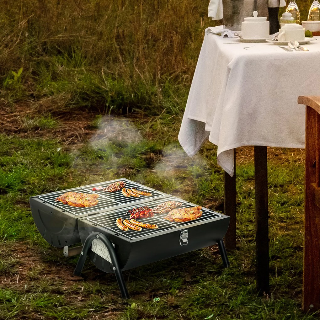 Outsunny Churrasqueira portátil a carvão com 2 grelhadores Cozinha com puxador e fechadura para churrasco Picnic Camping 42x26x42 cm Preto