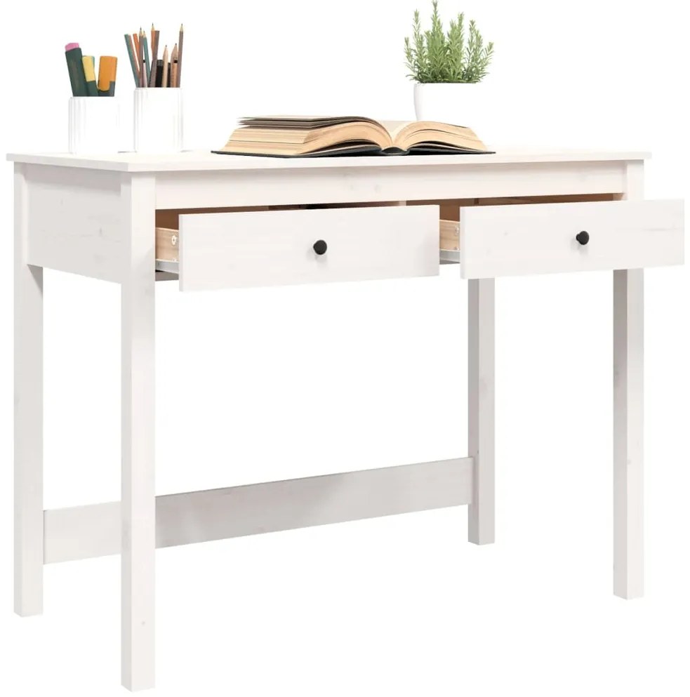 Secretária com 2 Gavetas - Branco - 100x50x78 cm - Pinho Maciço