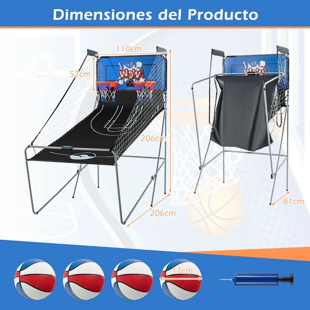 Máquina de basquetebol dobrável com Contador eletrónico e 8 jogos diferentes Azul