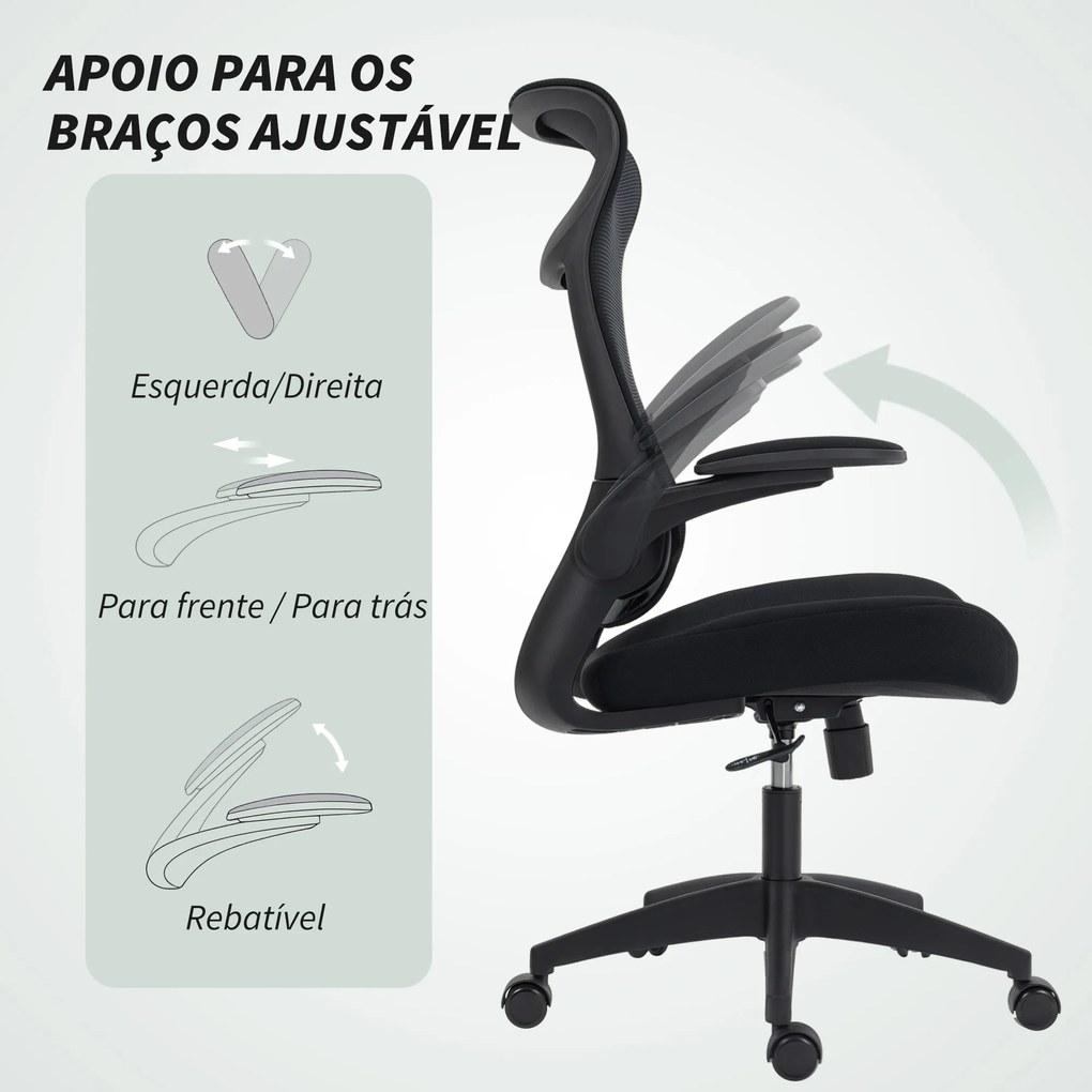 Cadeira de Escritório Ergonómica com Suporte Lombar e Apoios de Braços 3D Dobráveis Função de Basculante 64x65x108-118 cm Preto
