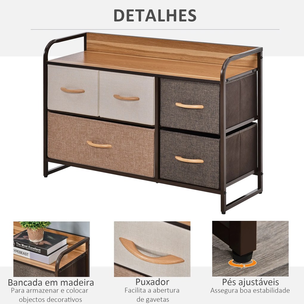 Cómoda com 5 Gavetas de Tecido Amovíveis e Dobráveis Base Elevada Armá